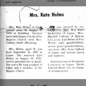 Obituary for Kate Helms